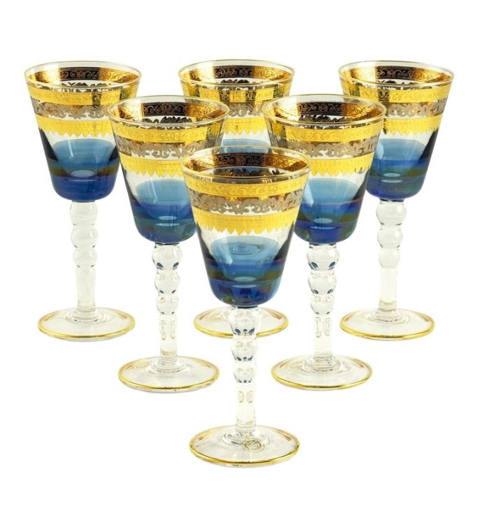 ADRIATICA Бокал для вина/воды 250мл, набор 6 шт, хрусталь голубой/декор золото 24К/платина