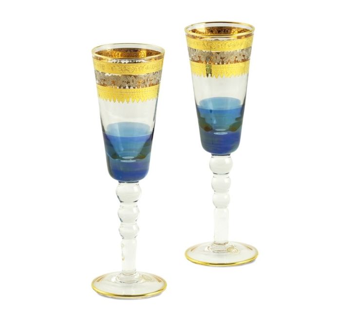 ADRIATICA Бокал для шампанского 200мл, набор 2 шт, хрусталь голубой/декор золото 24К/платина