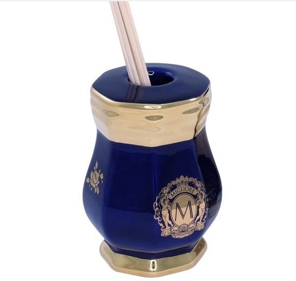 AMANTE BLU Стакан для ароматических палочек 8х8xH12 см, керамика, цвет синий, декор золото