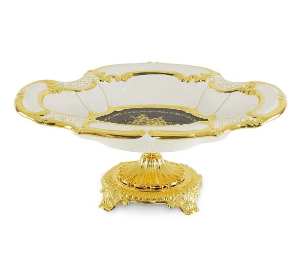 AMANTE BNB Ваза настольная 47x35xH19 см на основании, керамика/латунь, цвет белый/синий,декор золото