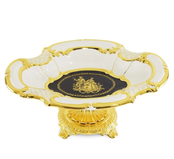 AMANTE BNB Ваза настольная 47x35xH19 см на основании, керамика/латунь, цвет белый/синий,декор золото